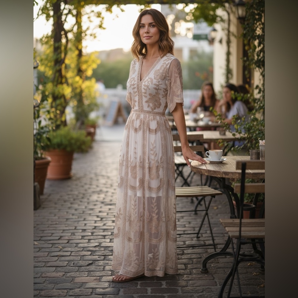 #586 NWOT Elegant Cream and Tan Lace Dress